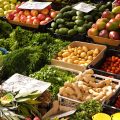 Marbella, Malaga province, Andalucia, Spain - March 18, 2019 : fresh fruits and vegetables for sale in a local farmers market