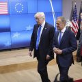 US President Donald Trump leaves the Europa building in Brussels with European Council President Donald Tusk  center  and European Commission President Jean-Claude Juncker  right  after meeting EU officials Thursday  May 25  2017  US President Donald Trump arrived in Belgium Wednesday evening and will attend a NATO summit as well as meet EU and Belgian officials   AP Photo Olivier Matthys